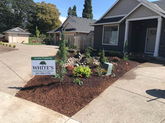 Completed front yard landscaping with dry creek bed